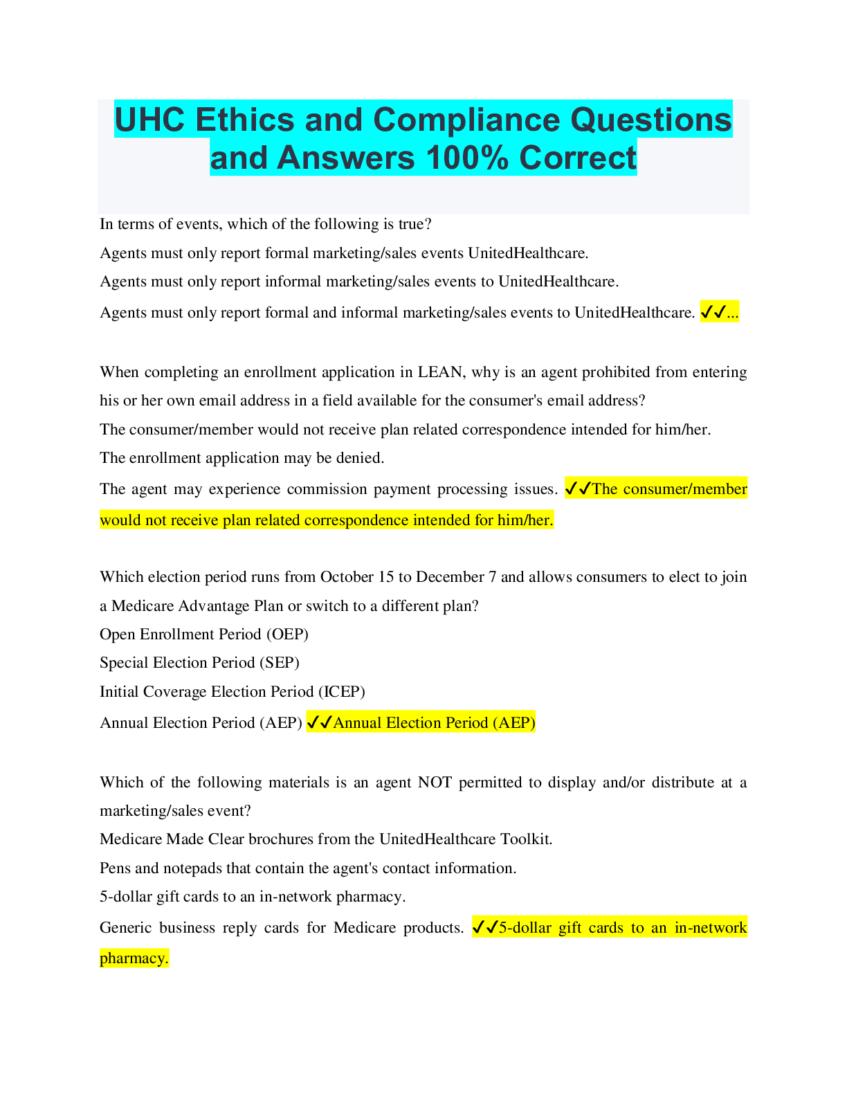 Preview image for UHC Ethics and Compliance Questions and Answers 100% Correct